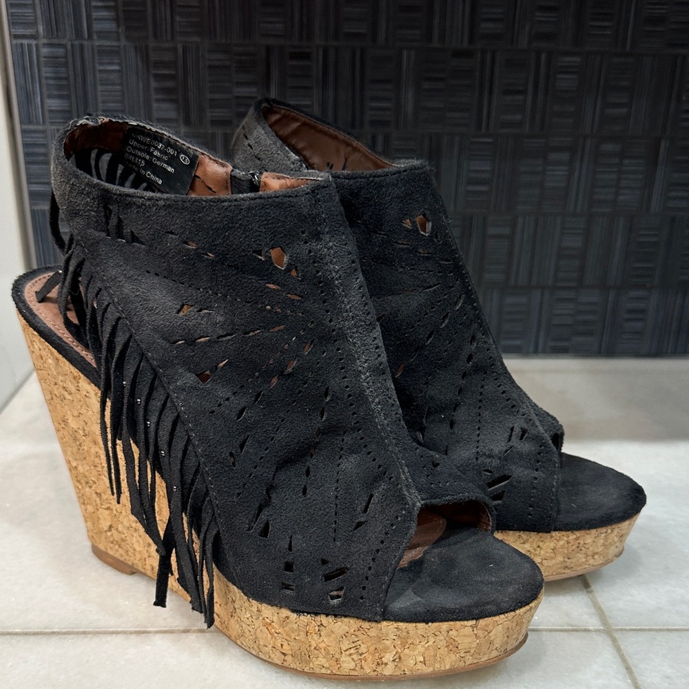 Not Rated Black Fringe Cork Wedges